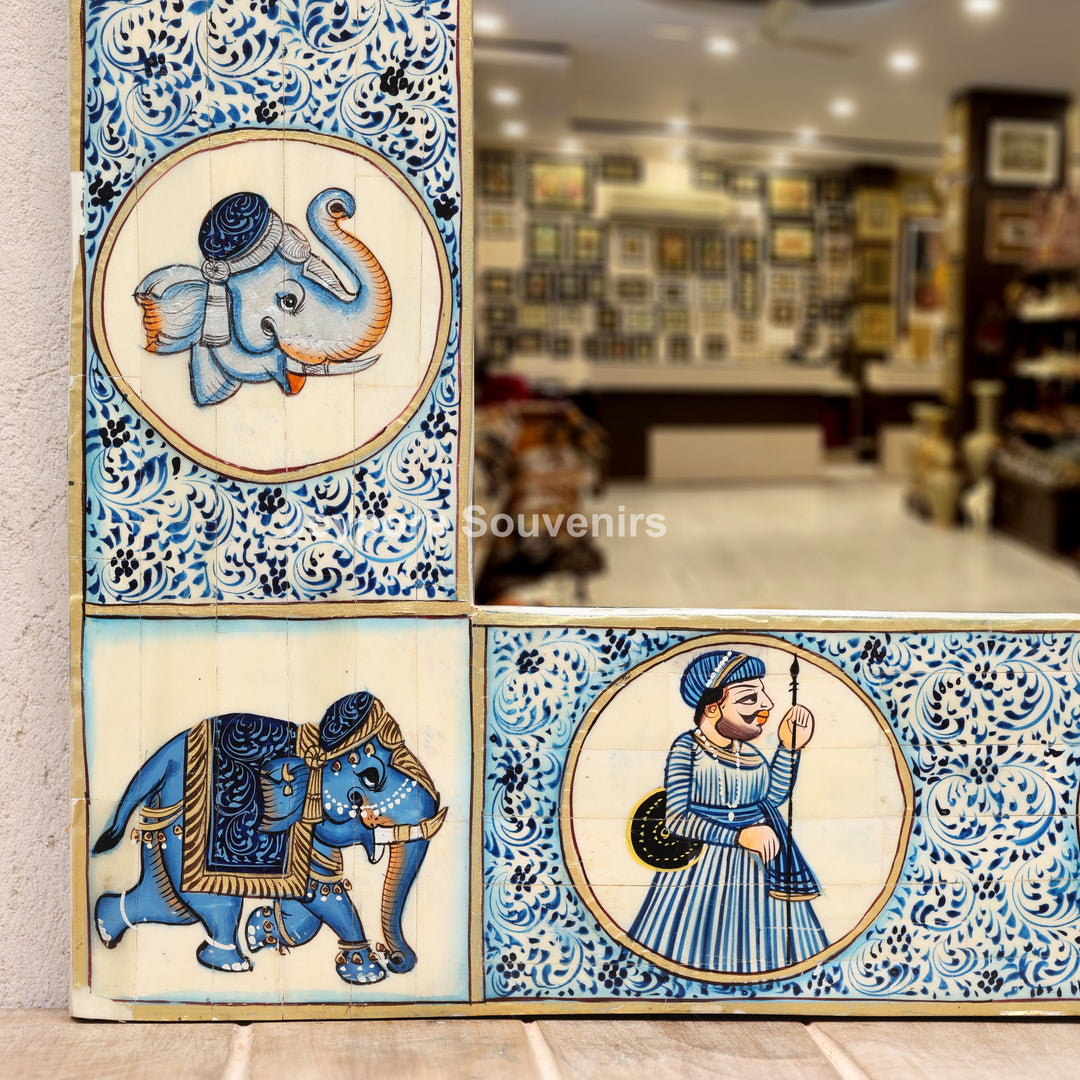 Handcrafted Blue Haveli Style Elephant Motif Camel Bone Inlay Mirror