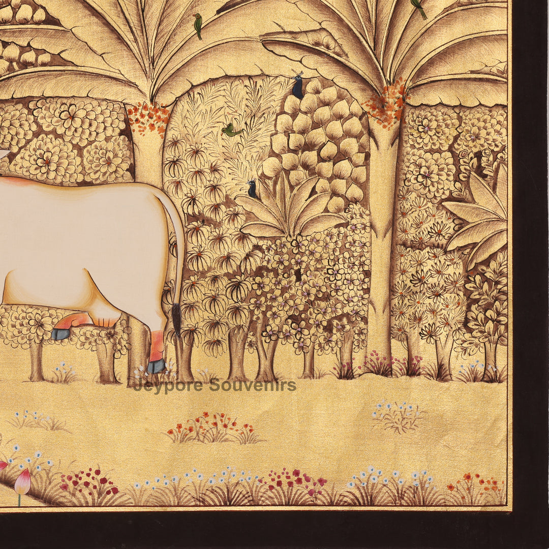 Hand-Painted Gold Leaf Krishna with Cows - Pichwai