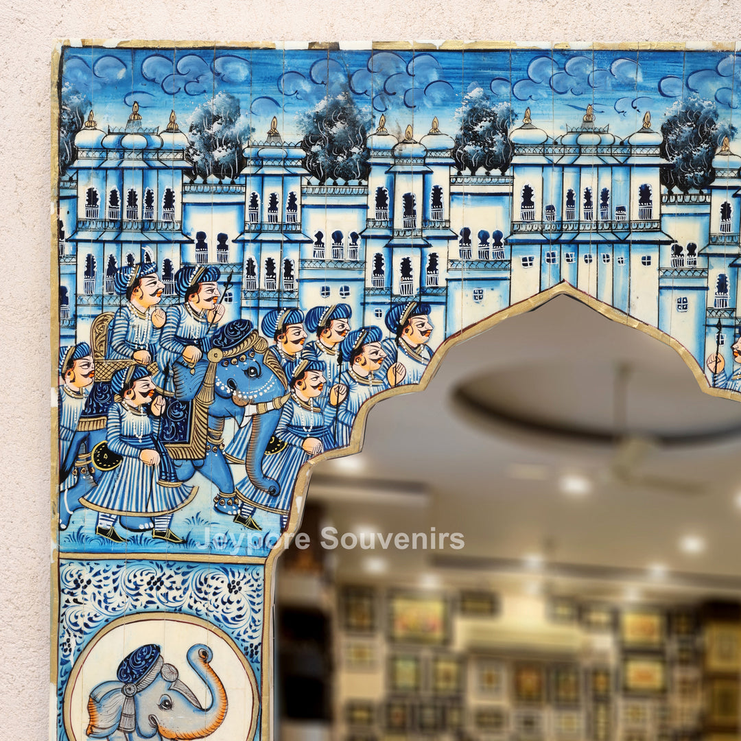 Handcrafted Blue Haveli Style Elephant Motif Camel Bone Inlay Mirror