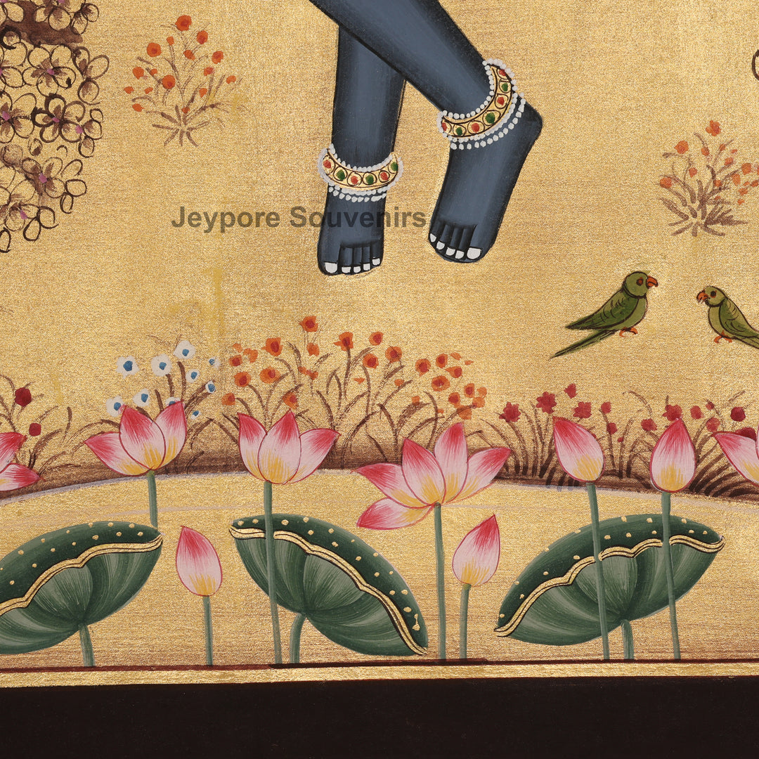 Hand-Painted Gold Leaf Krishna with Cows - Pichwai