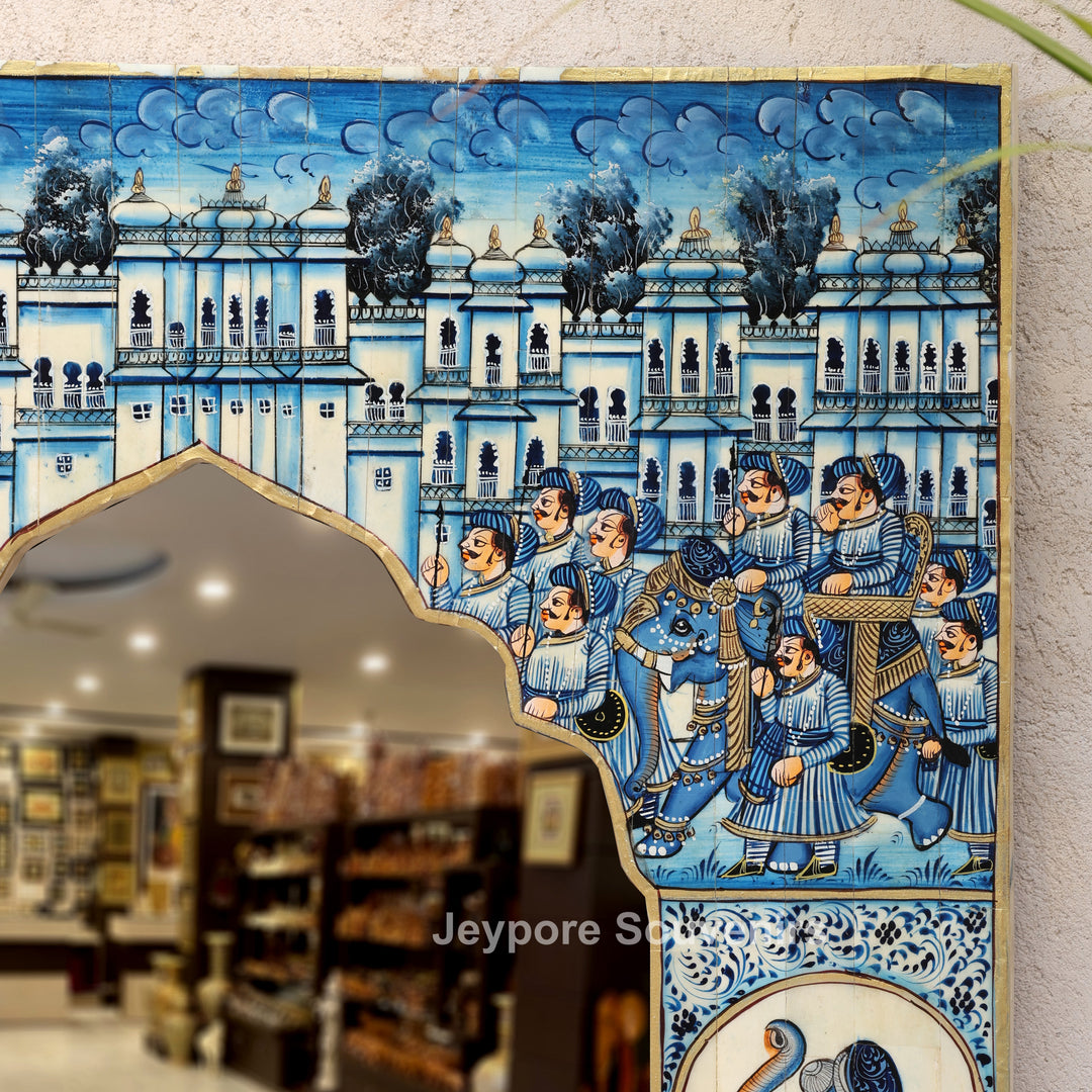 Handcrafted Blue Haveli Style Elephant Motif Camel Bone Inlay Mirror