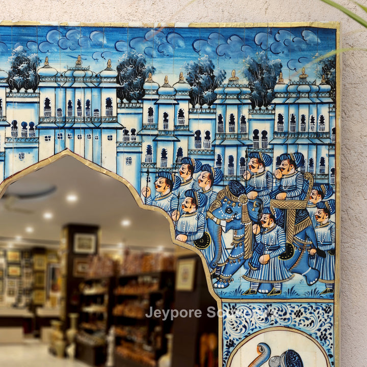 Handcrafted Blue Haveli Style Elephant Motif Camel Bone Inlay Mirror