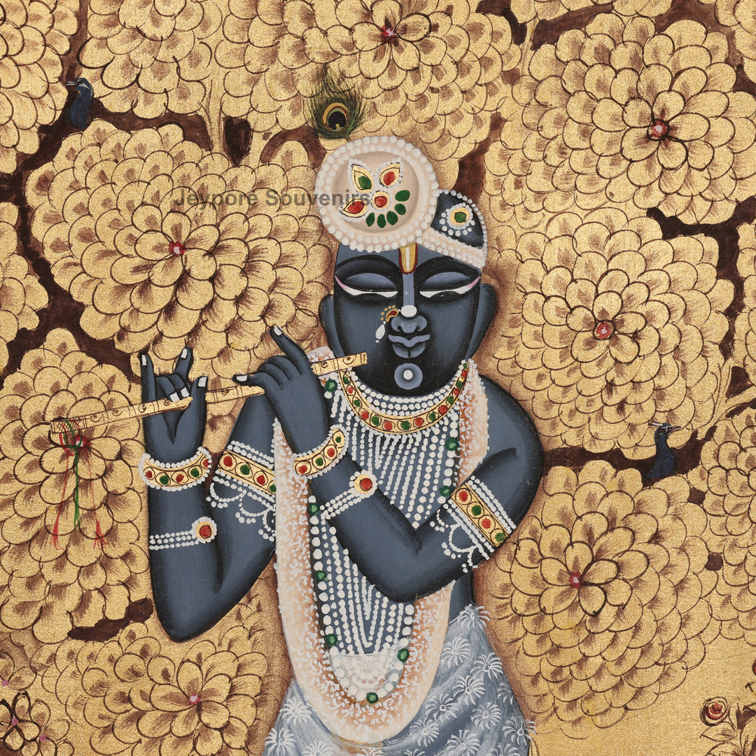 Hand-Painted Gold Leaf Krishna with Cows - Pichwai