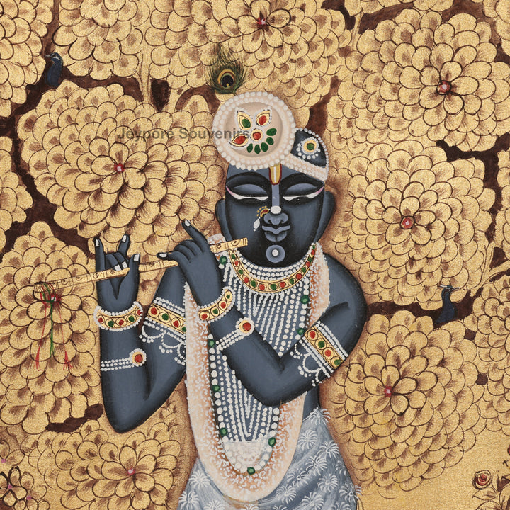 Hand-Painted Gold Leaf Krishna with Cows - Pichwai