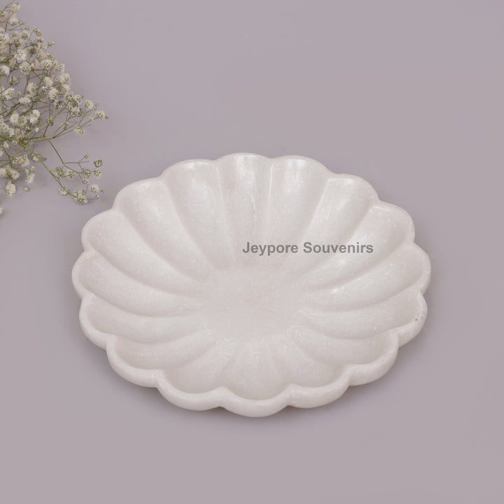 Hand-Carved White Marble Lotus Petal-Shaped Urli Bowl