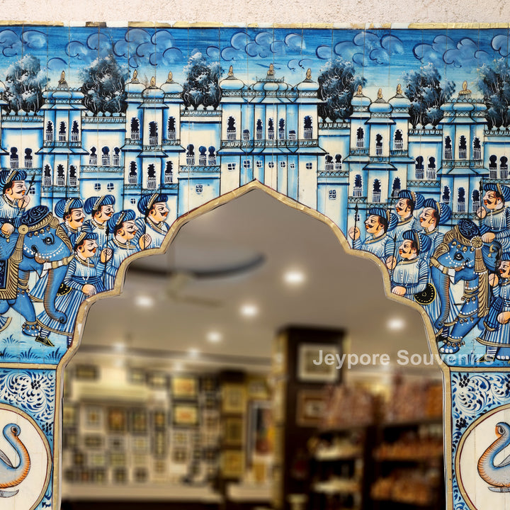 Handcrafted Blue Haveli Style Elephant Motif Camel Bone Inlay Mirror