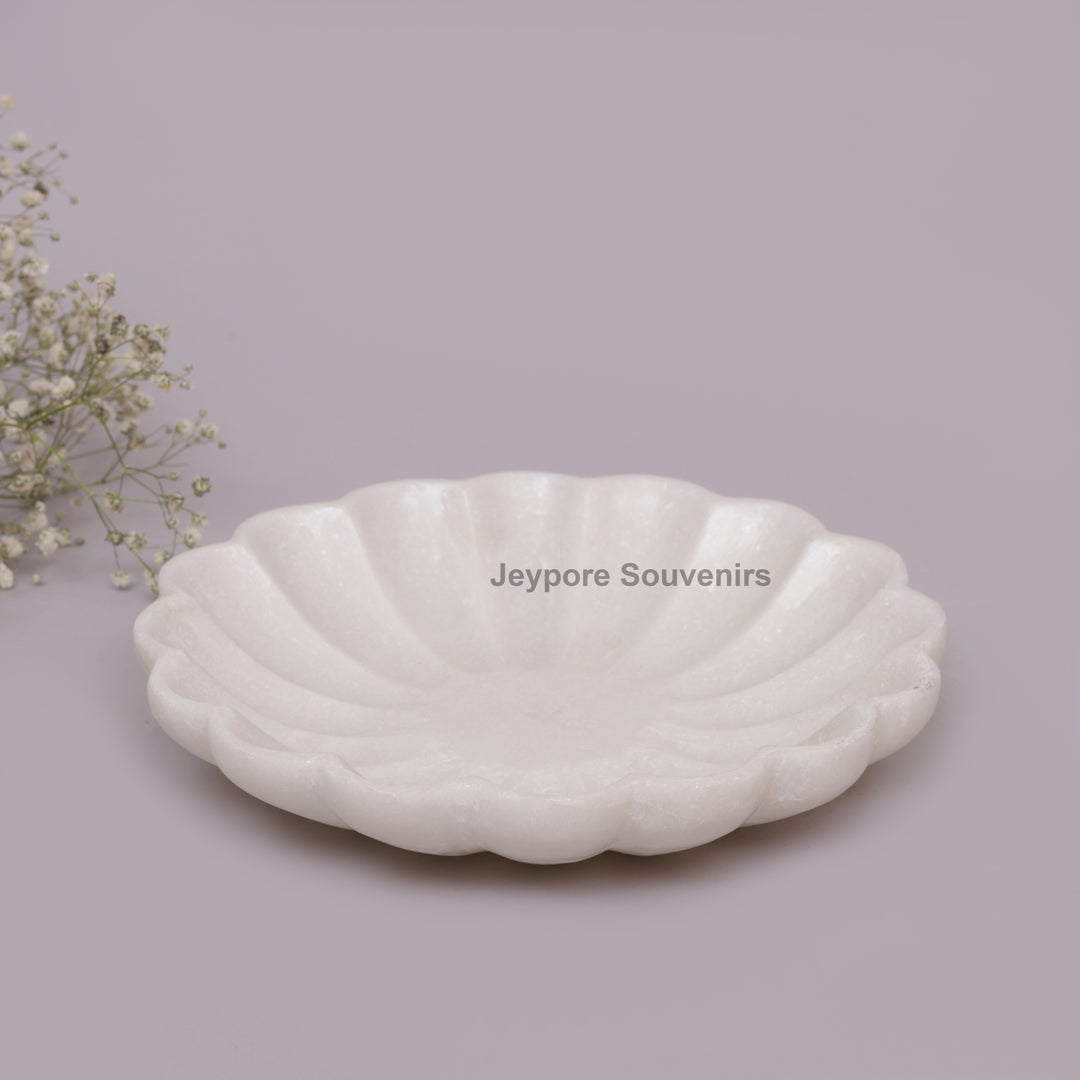 Hand-Carved White Marble Lotus Petal-Shaped Urli Bowl