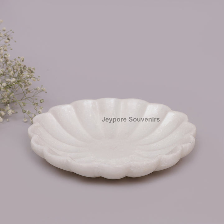 Hand-Carved White Marble Lotus Petal-Shaped Urli Bowl