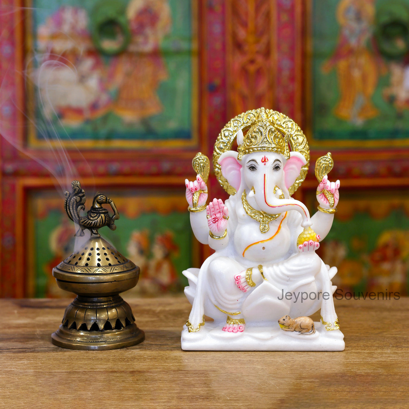 9" Pure White Marble Lord Ganesha Idol with Real Gold Leaf Work