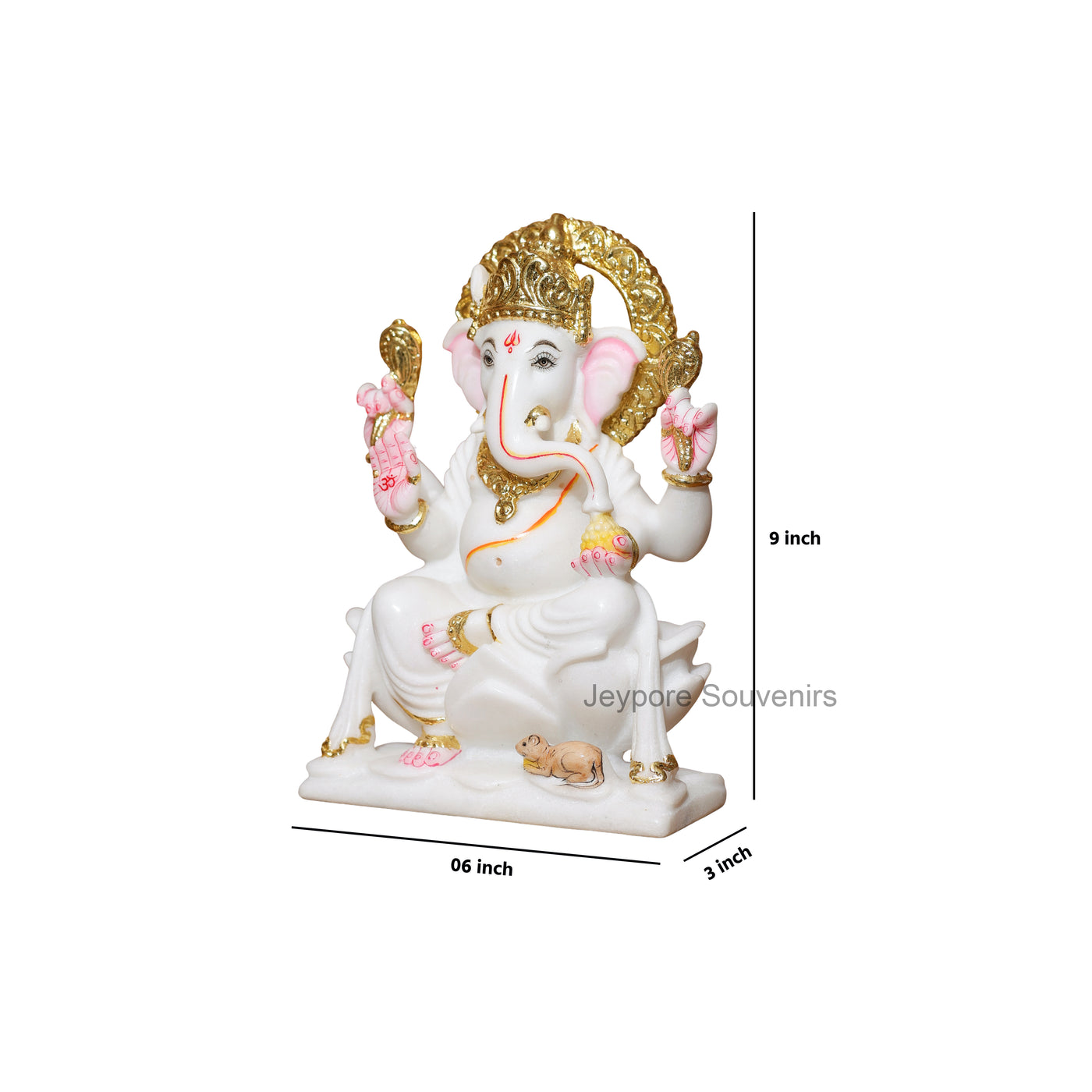 9" Pure White Marble Lord Ganesha Idol with Real Gold Leaf Work