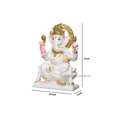 9" Pure White Marble Lord Ganesha Idol with Real Gold Leaf Work