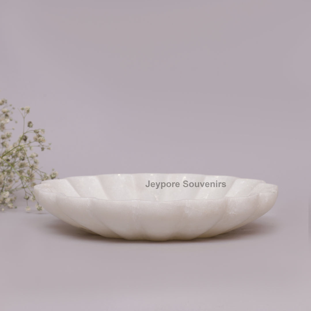 Hand-Carved White Marble Lotus Petal-Shaped Urli Bowl