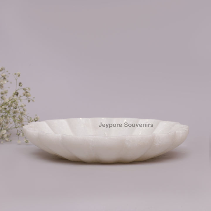 Hand-Carved White Marble Lotus Petal-Shaped Urli Bowl