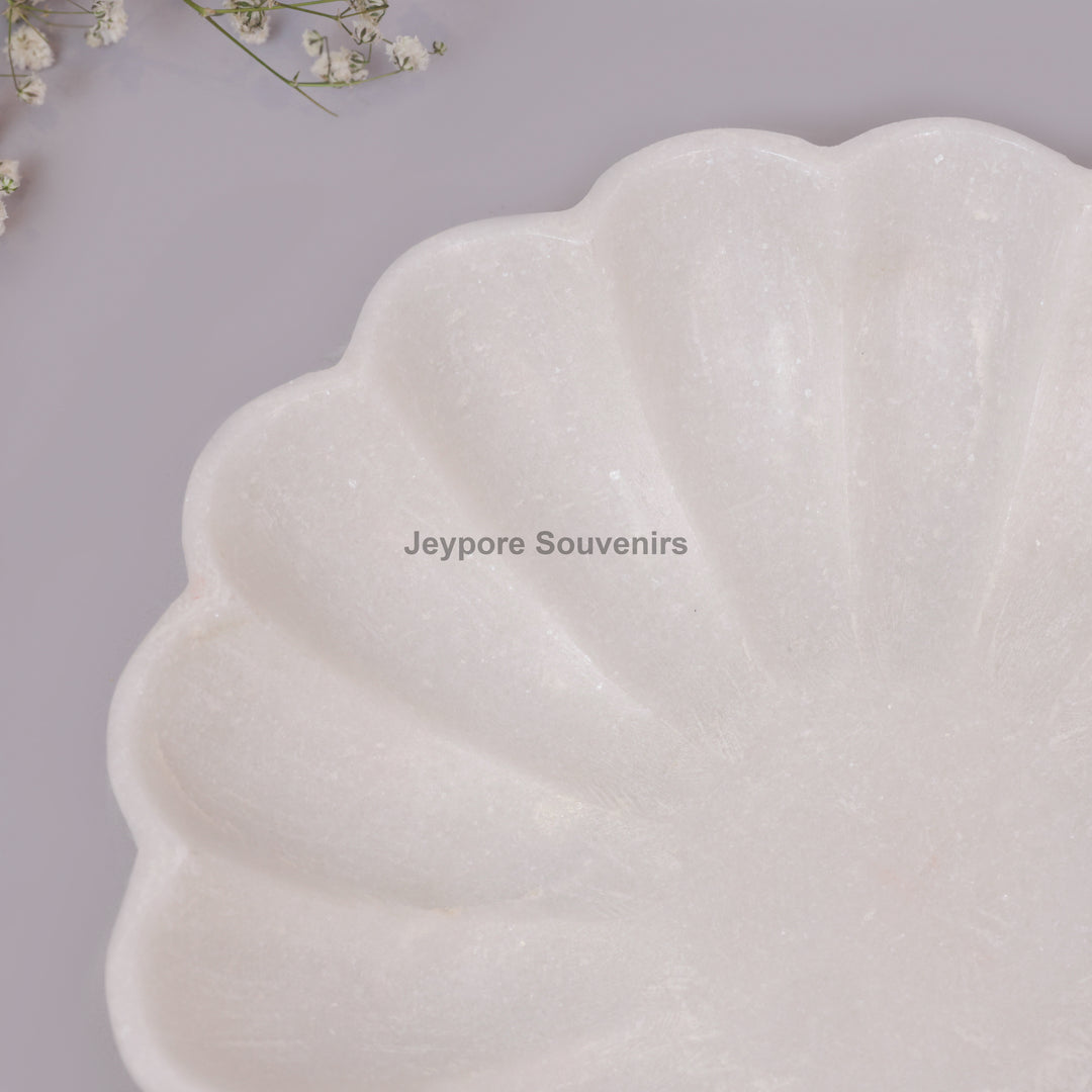 Hand-Carved White Marble Lotus Petal-Shaped Urli Bowl