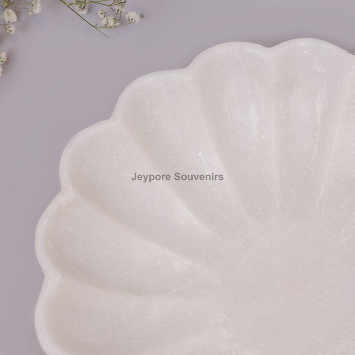 Hand-Carved White Marble Lotus Petal-Shaped Urli Bowl