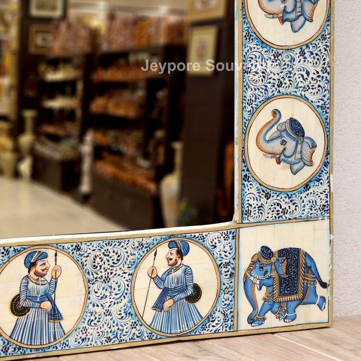 Handcrafted Blue Haveli Style Elephant Motif Camel Bone Inlay Mirror