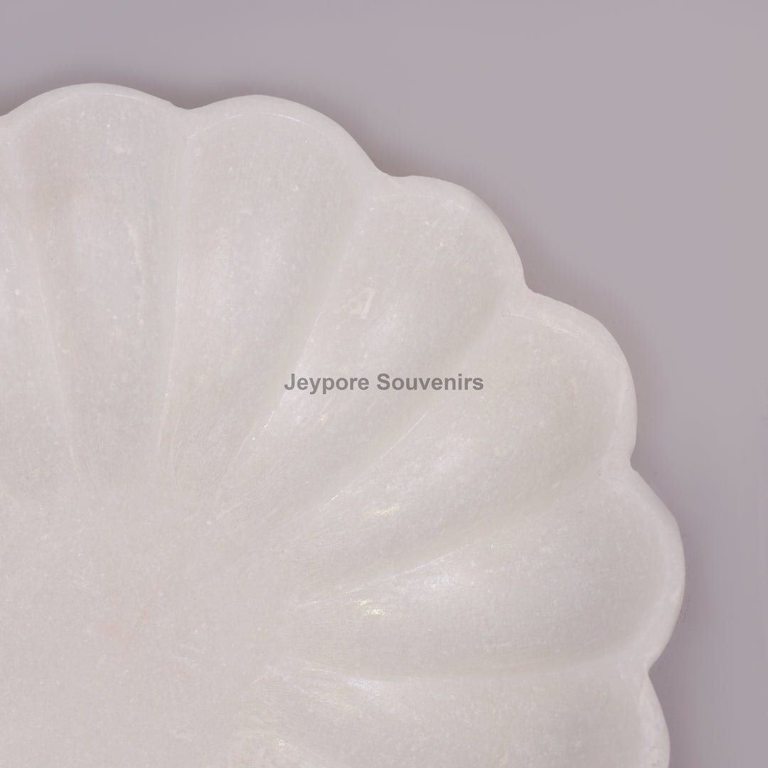 Hand-Carved White Marble Lotus Petal-Shaped Urli Bowl