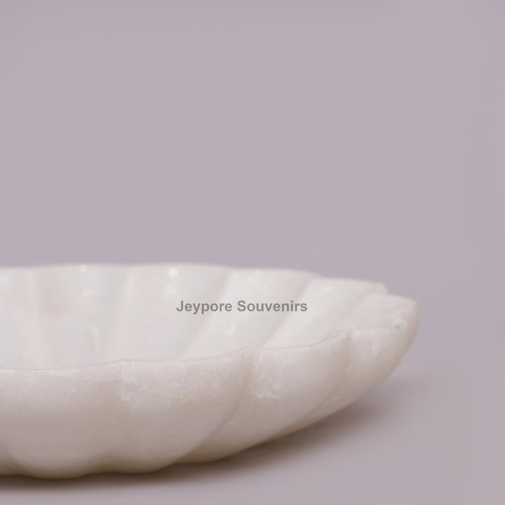 Hand-Carved White Marble Lotus Petal-Shaped Urli Bowl