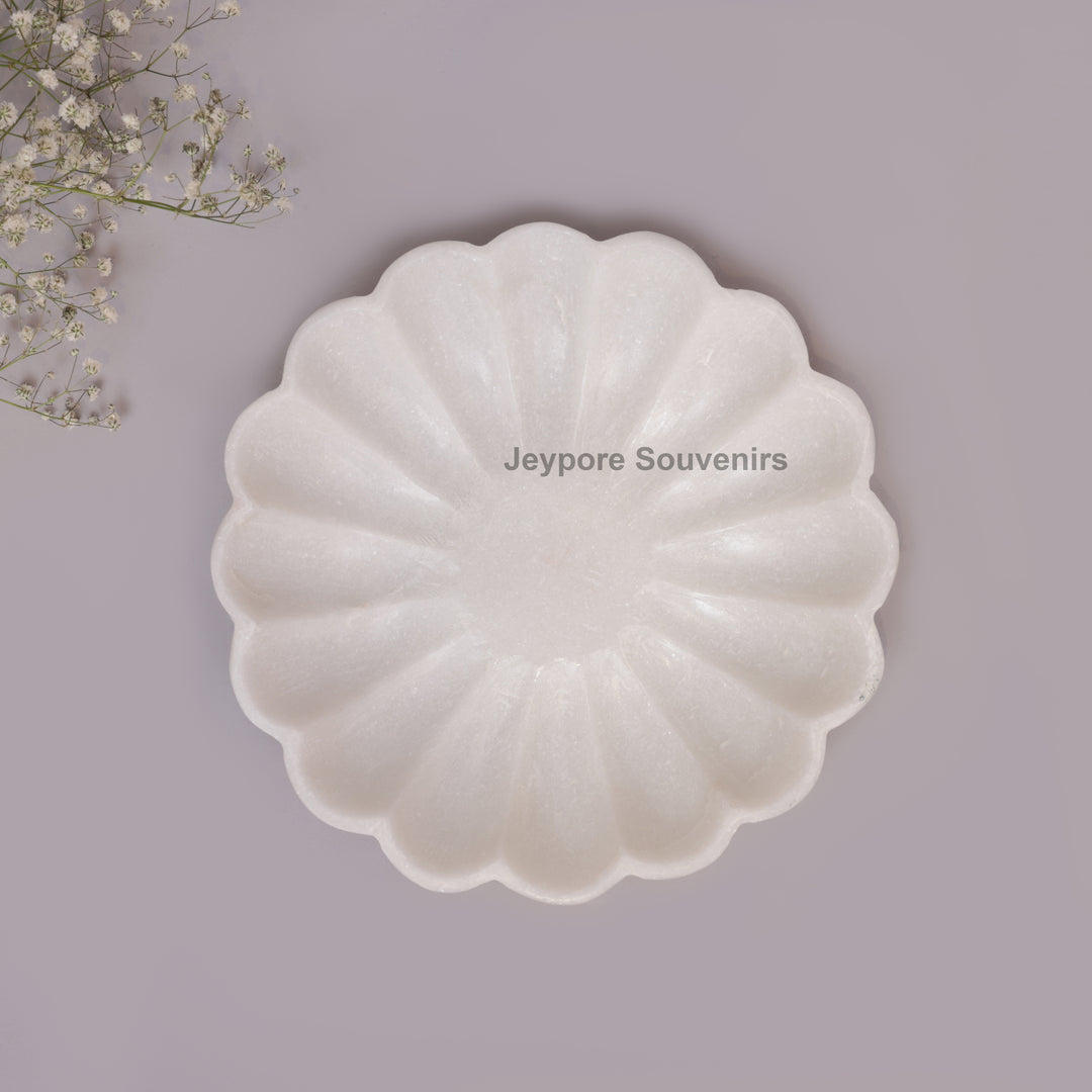 Hand-Carved White Marble Lotus Petal-Shaped Urli Bowl