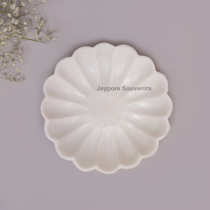 Hand-Carved White Marble Lotus Petal-Shaped Urli Bowl