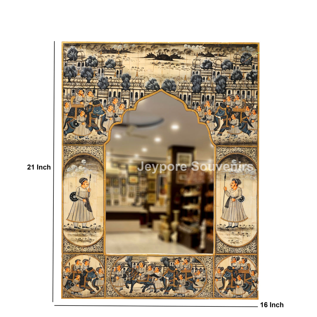 Handcrafted Haveli Style Camel Bone Inlay Wall Mirror with Royal Procession Artwork