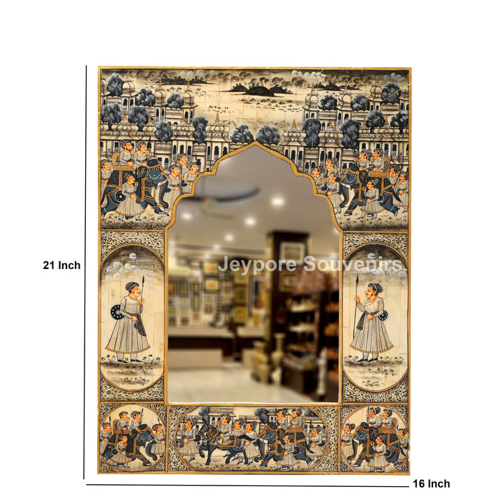 Handcrafted Haveli Style Camel Bone Inlay Wall Mirror with Royal Procession Artwork