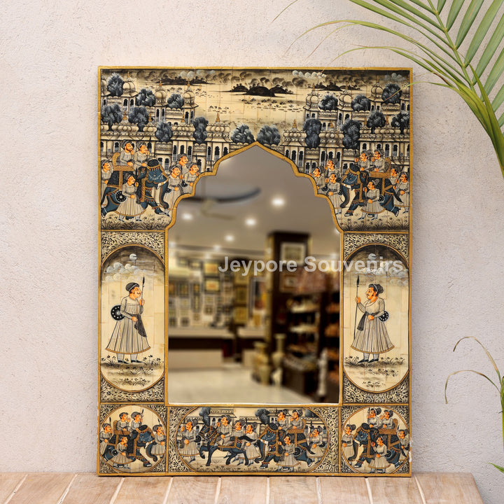 Handcrafted Haveli Style Camel Bone Inlay Wall Mirror with Royal Procession Artwork