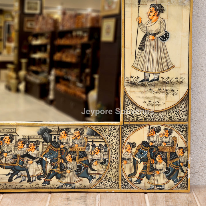 Handcrafted Haveli Style Camel Bone Inlay Wall Mirror with Royal Procession Artwork