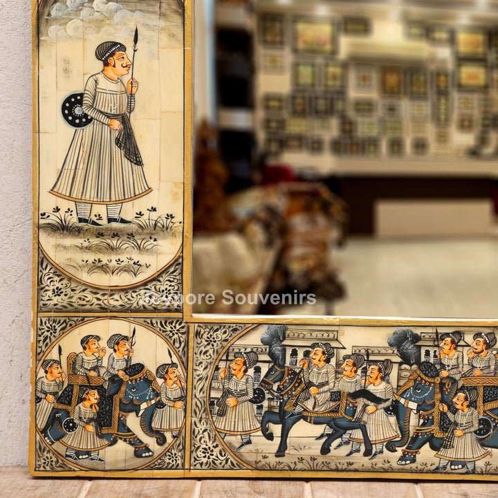 Handcrafted Haveli Style Camel Bone Inlay Wall Mirror with Royal Procession Artwork
