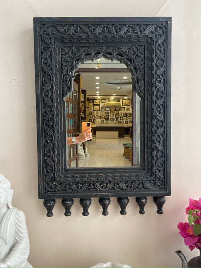 Hand carved jharokha mirror frame in distressed finish