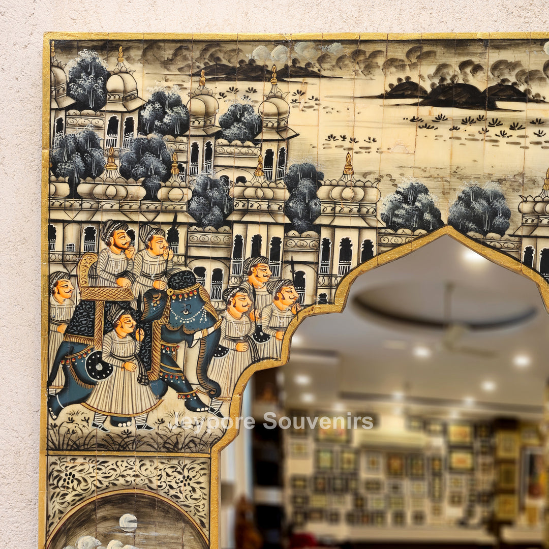 Handcrafted Haveli Style Camel Bone Inlay Wall Mirror with Royal Procession Artwork