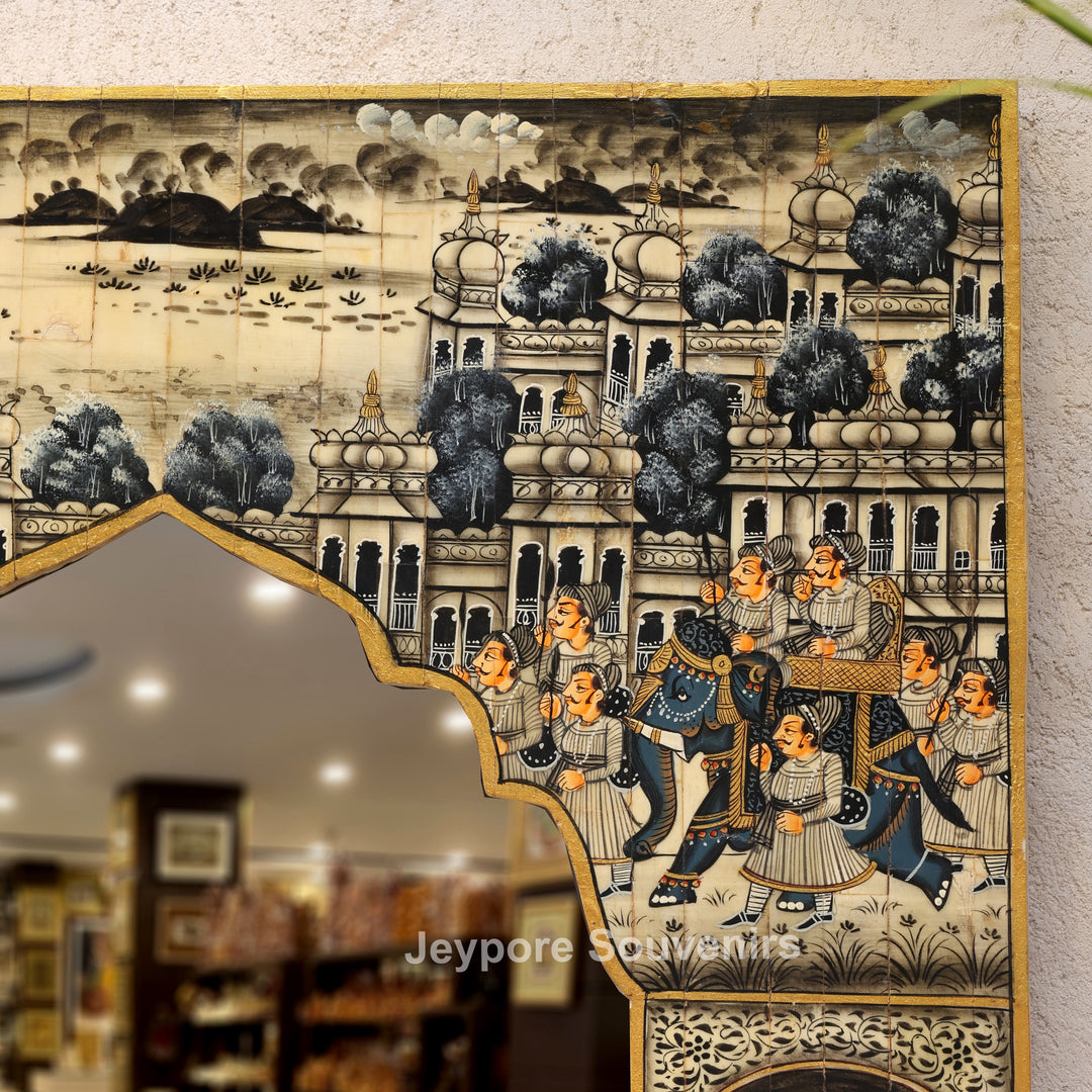 Handcrafted Haveli Style Camel Bone Inlay Wall Mirror with Royal Procession Artwork