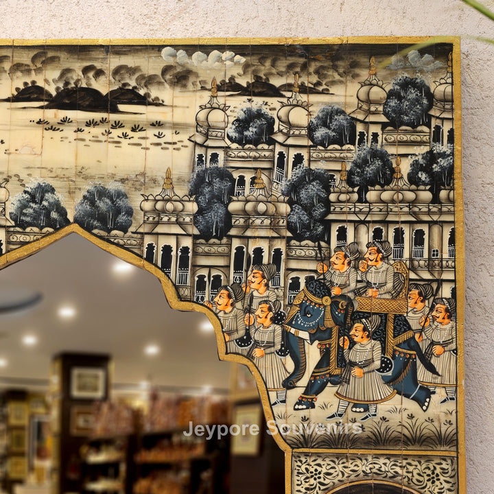 Handcrafted Haveli Style Camel Bone Inlay Wall Mirror with Royal Procession Artwork