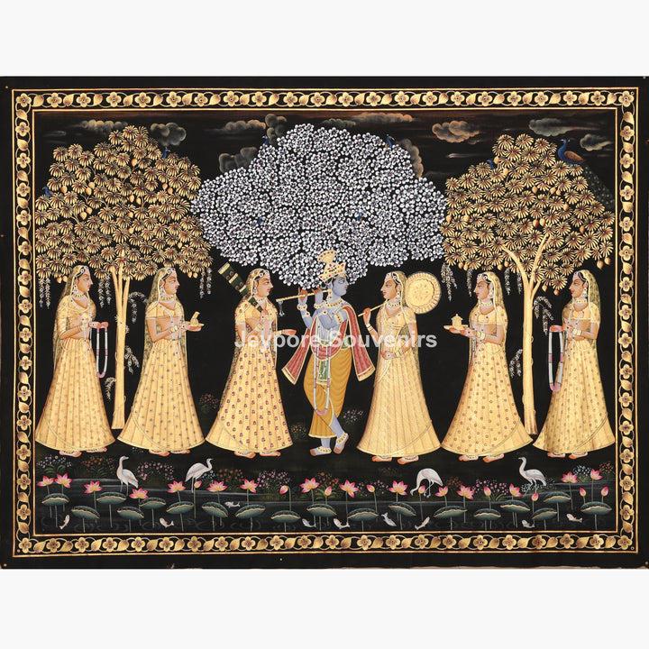 Hand-Painted Krishna Raas Leela with Gopis - Pichwai