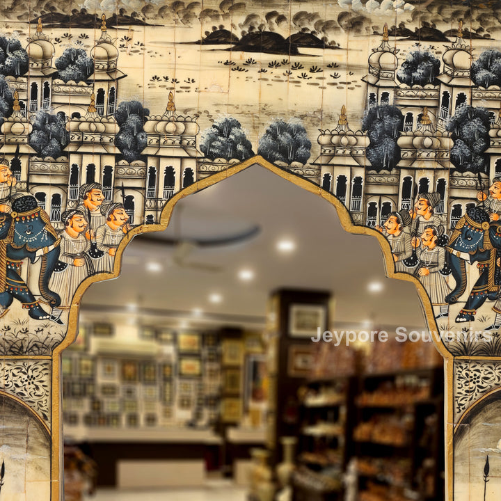 Handcrafted Haveli Style Camel Bone Inlay Wall Mirror with Royal Procession Artwork