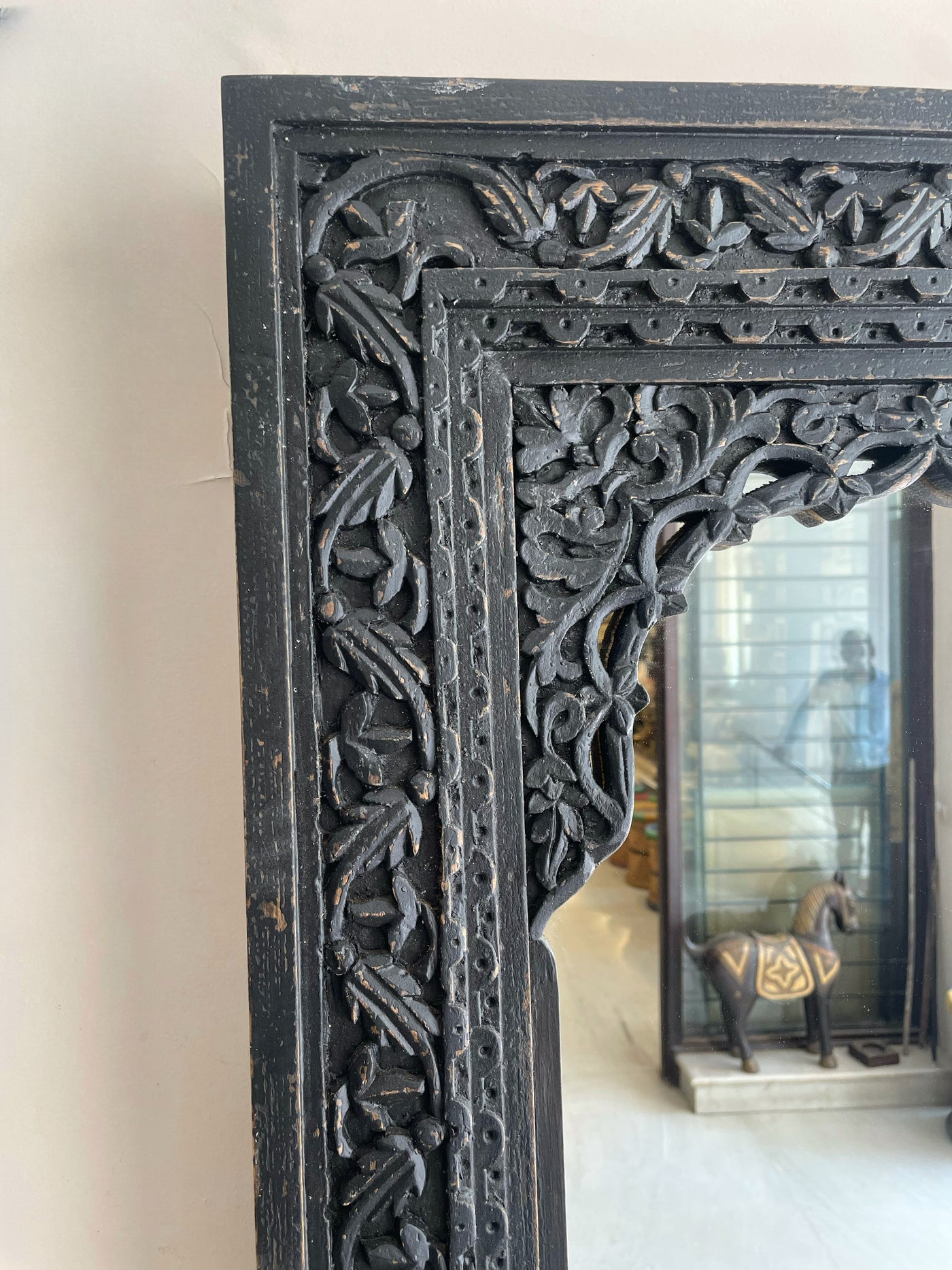 Hand carved jharokha mirror frame in distressed finish