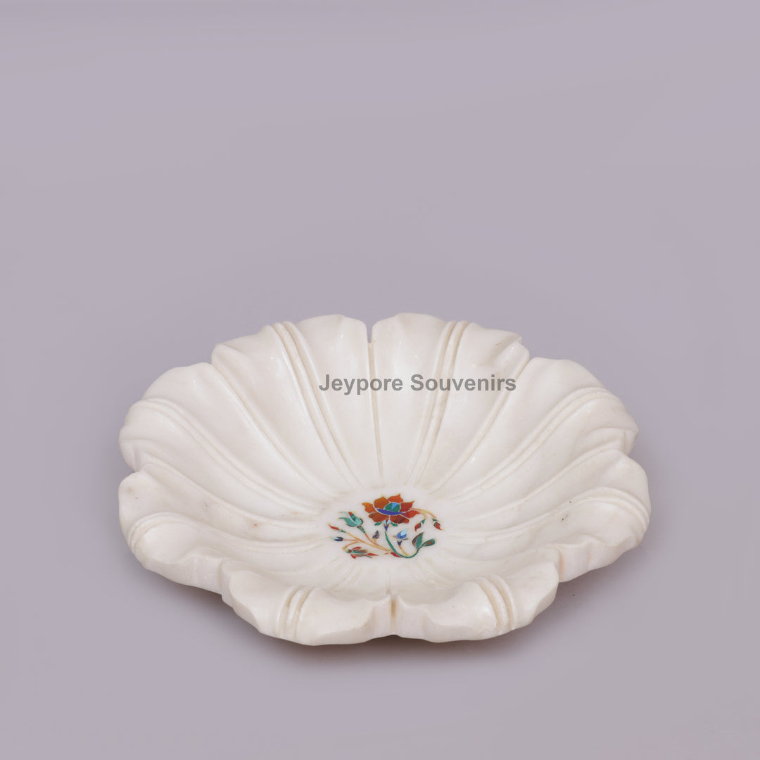 White Marble Pietra Dura Lotus Shape Urli Bowl with Inlay Work