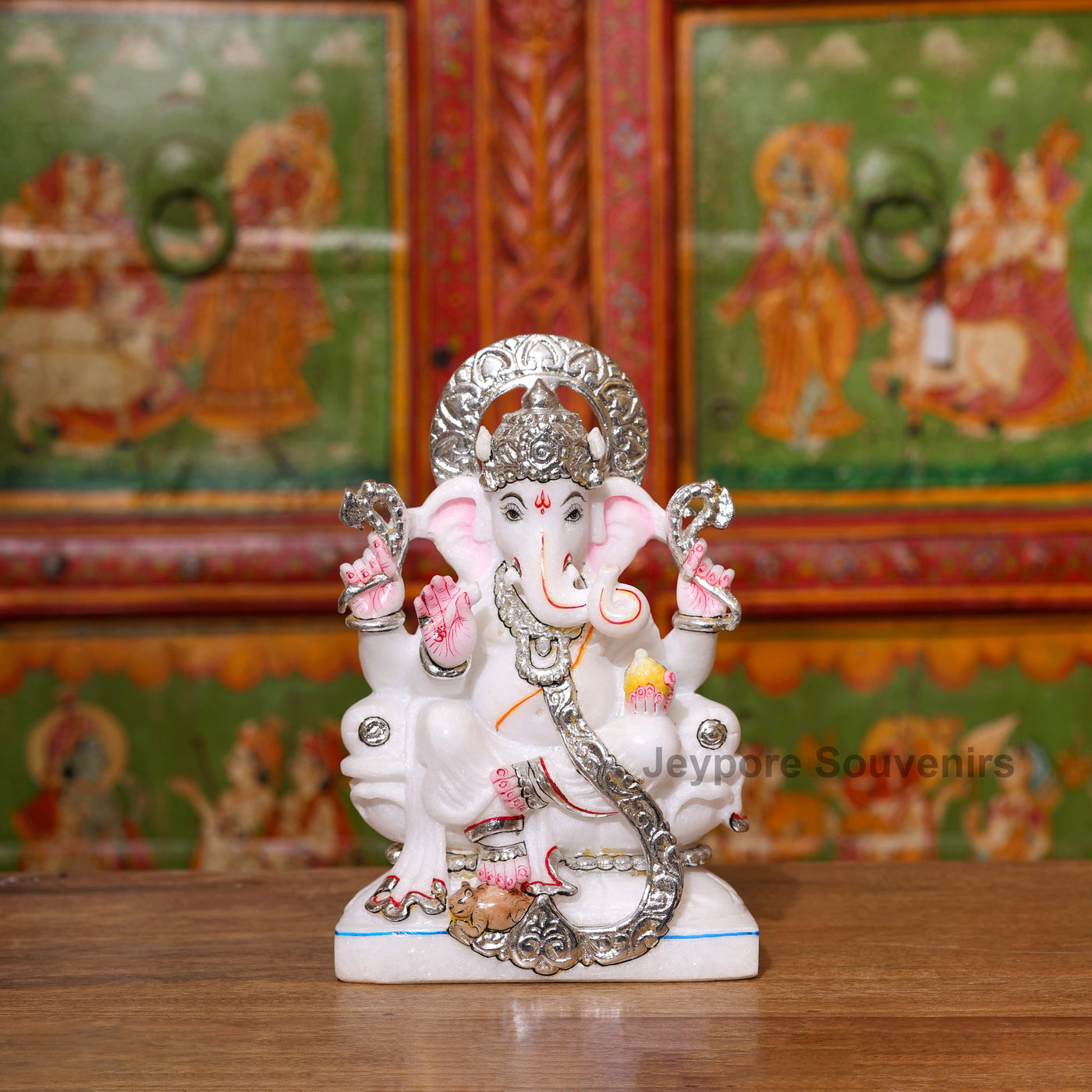 10" Pure White Marble Ganesha Idol with Silver Wok