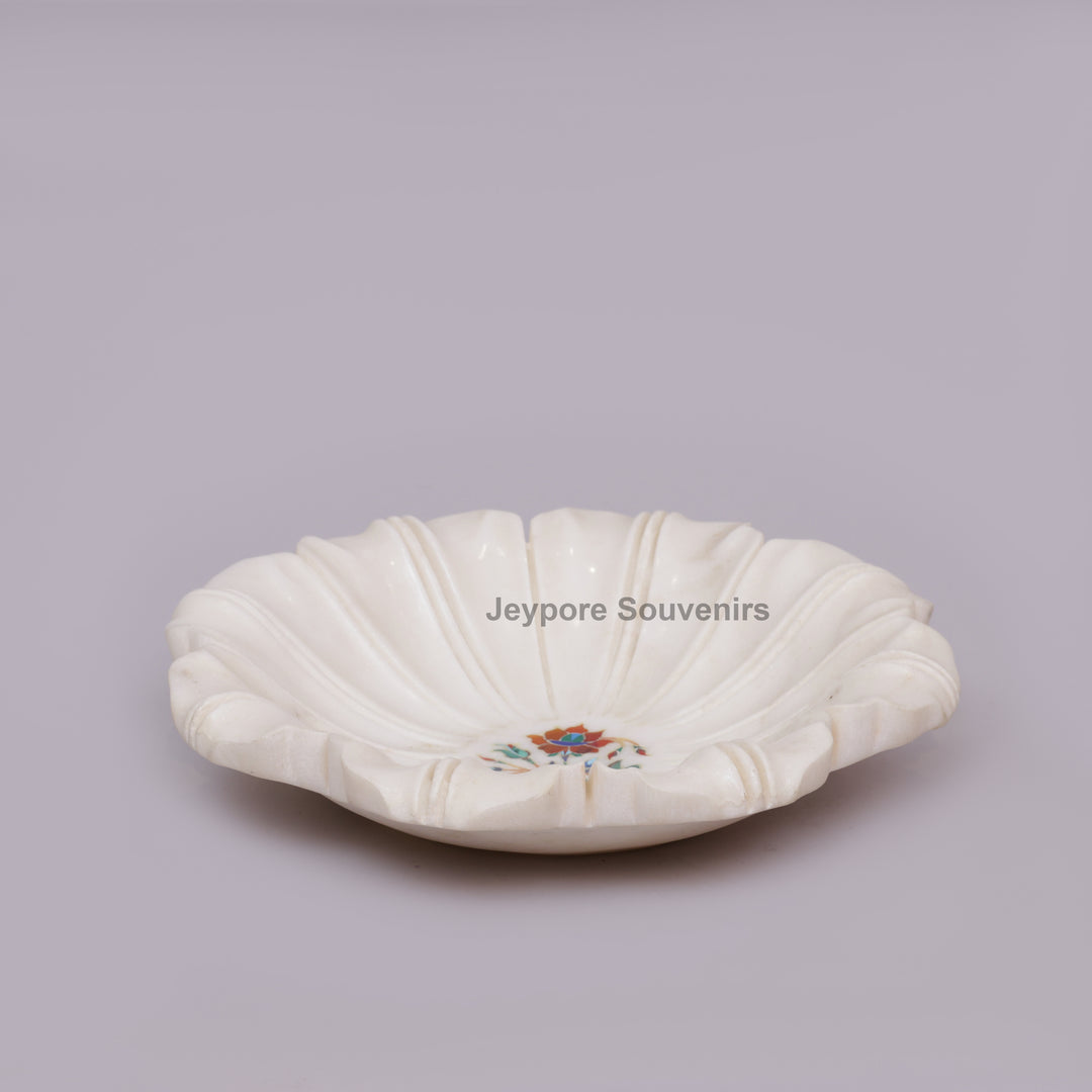 White Marble Pietra Dura Lotus Shape Urli Bowl with Inlay Work