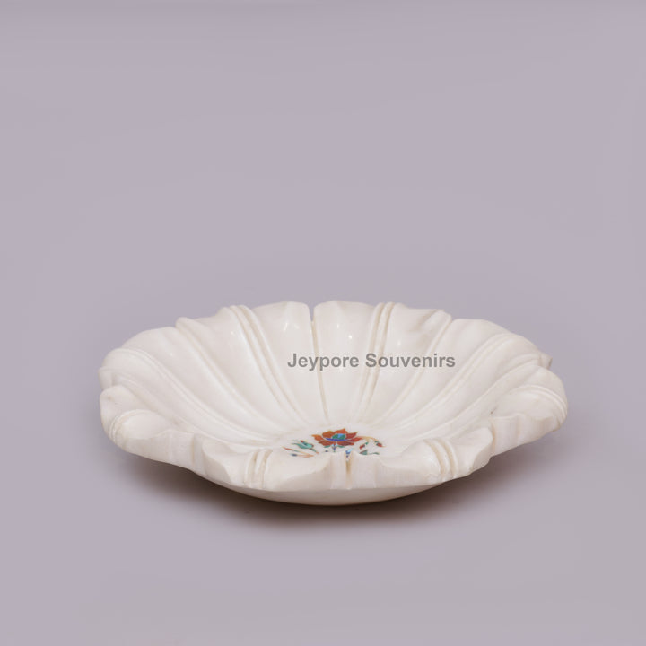 White Marble Pietra Dura Lotus Shape Urli Bowl with Inlay Work
