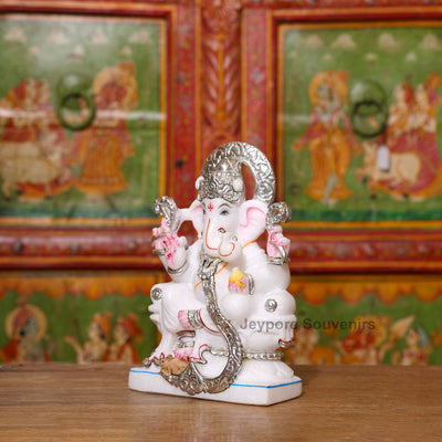 10" Pure White Marble Ganesha Idol with Silver Wok