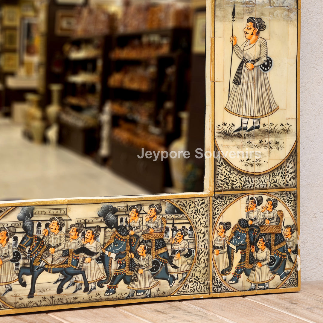 Handcrafted Haveli Style Camel Bone Inlay Wall Mirror with Royal Procession Artwork