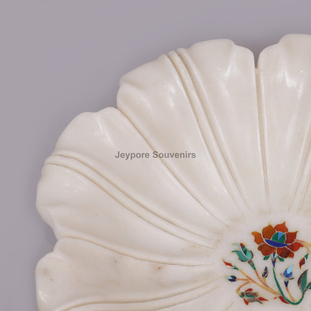 White Marble Pietra Dura Lotus Shape Urli Bowl with Inlay Work