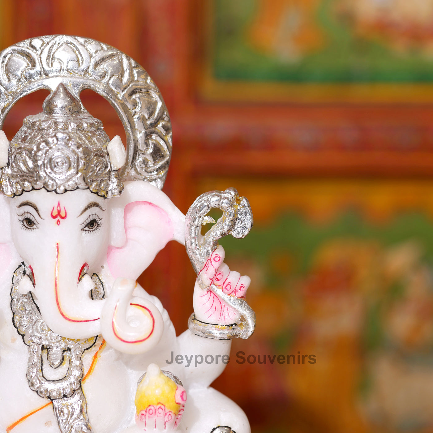 10" Pure White Marble Ganesha Idol with Silver Wok