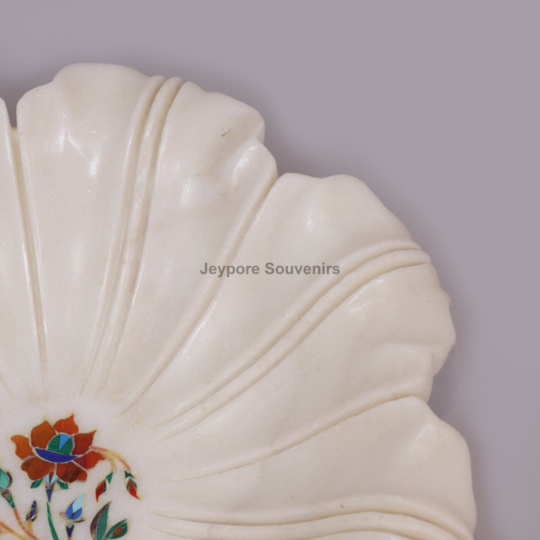 White Marble Pietra Dura Lotus Shape Urli Bowl with Inlay Work