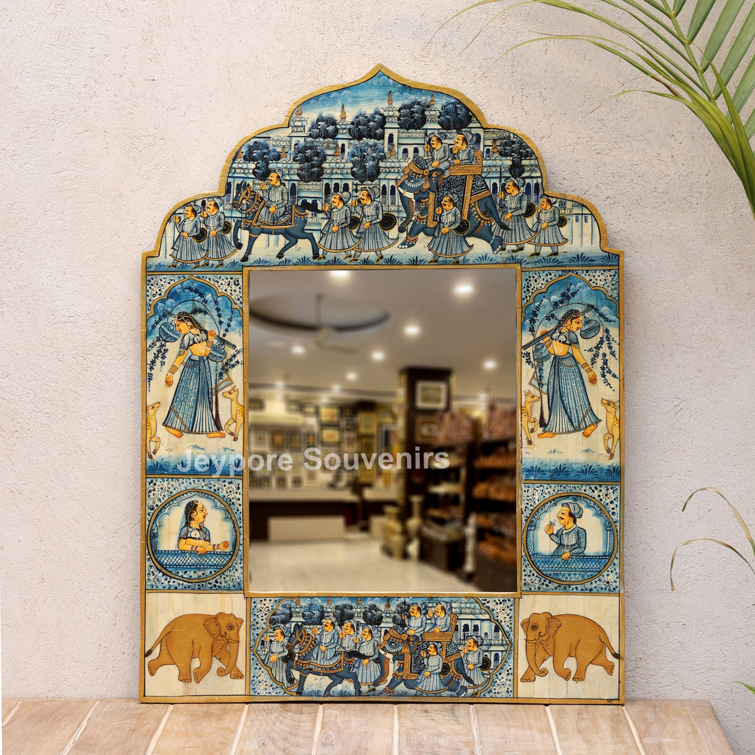 Handcrafted Blue Rajasthani Camel Bone Inlay Haveli Wall Mirror with Lady Miniature Art