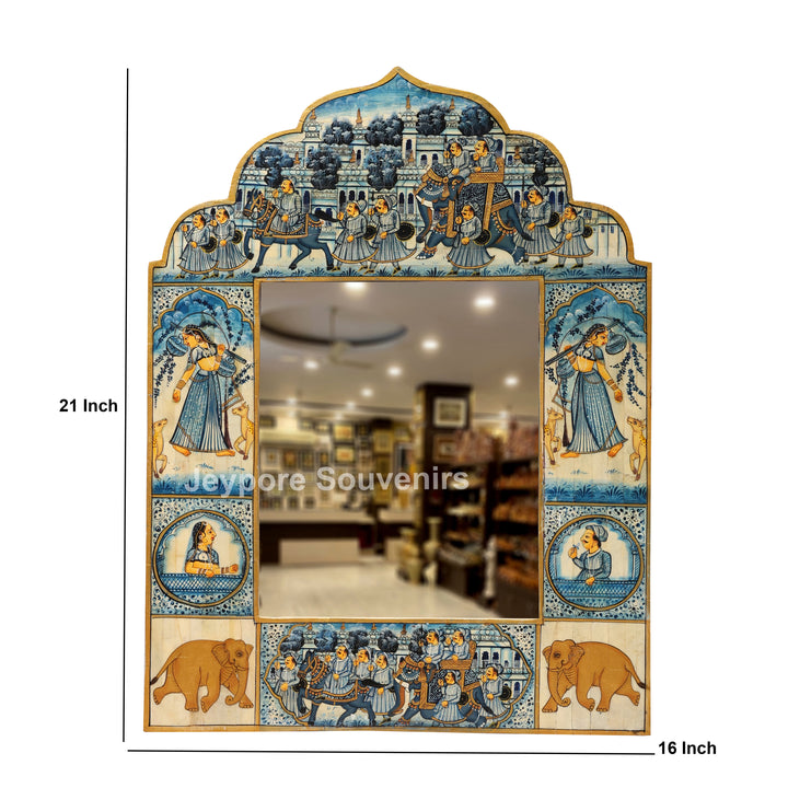 Handcrafted Blue Rajasthani Camel Bone Inlay Haveli Wall Mirror with Lady Miniature Art
