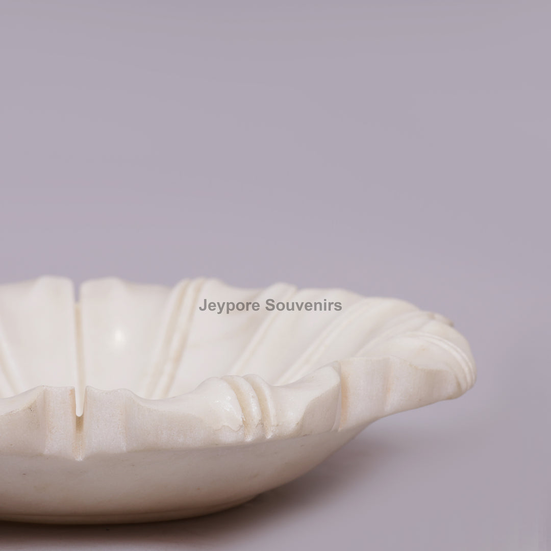 White Marble Pietra Dura Lotus Shape Urli Bowl with Inlay Work