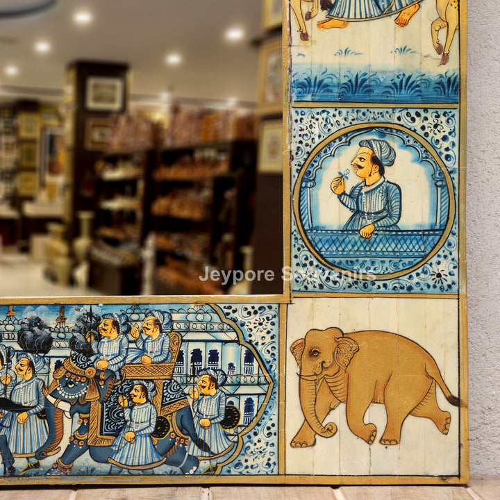 Handcrafted Blue Rajasthani Camel Bone Inlay Haveli Wall Mirror with Lady Miniature Art