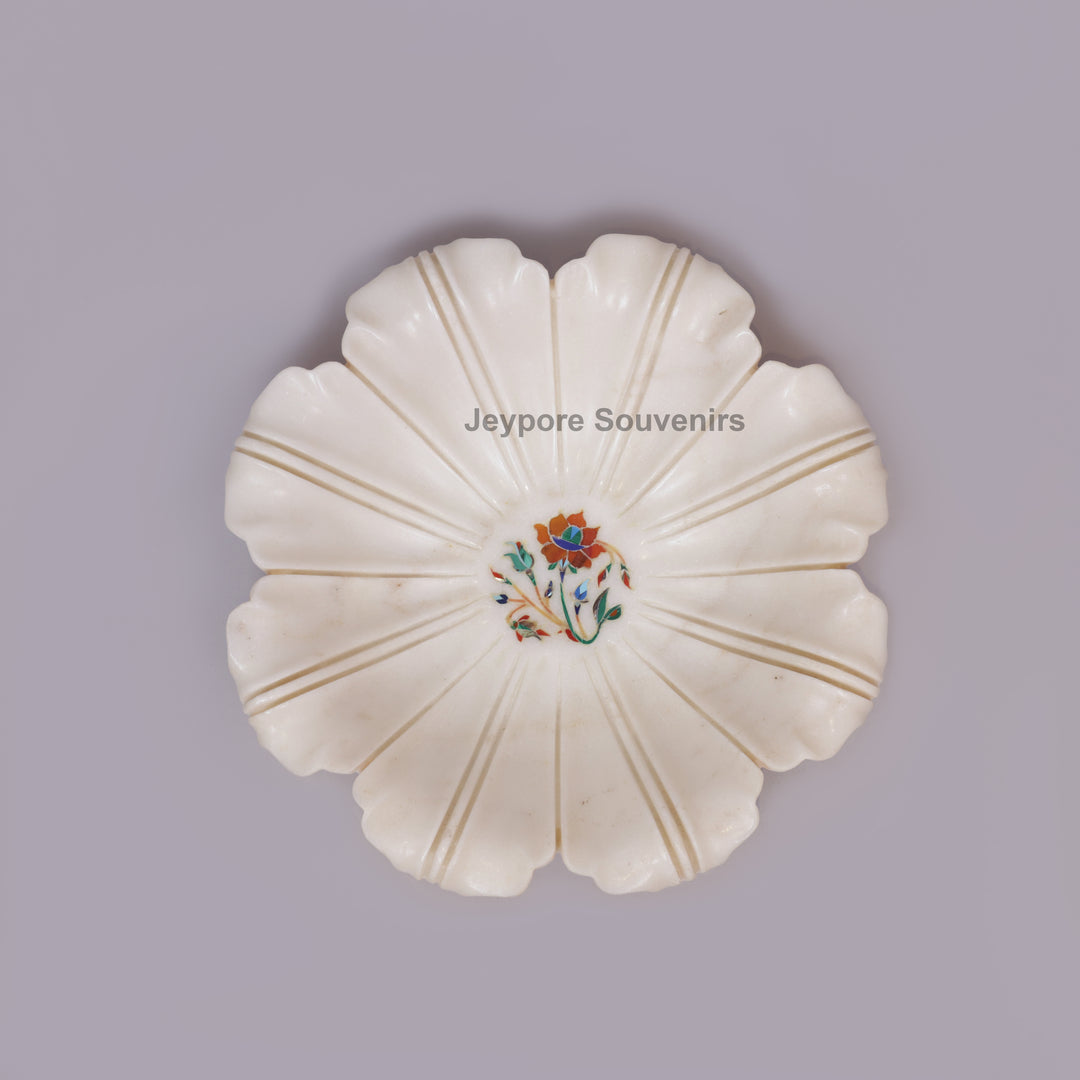 White Marble Pietra Dura Lotus Shape Urli Bowl with Inlay Work